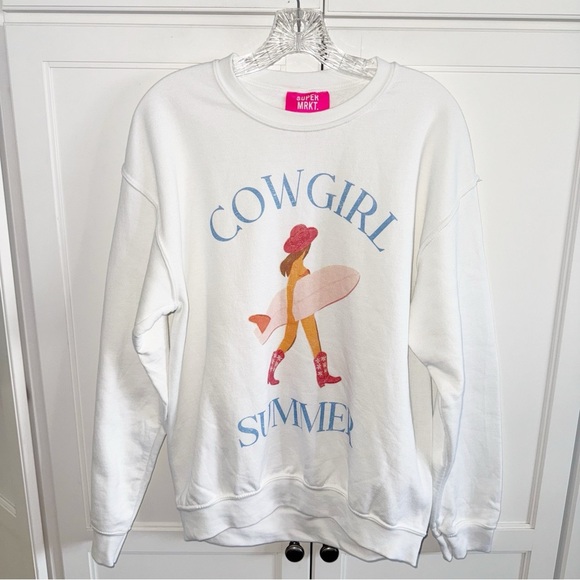 Cowgirl Summer Graphic White Sweatshirt Western Rodeo Surfing Sz S/M Cotton - Picture 2 of 13